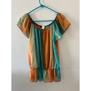 Pretty Good Womens Sheer Y2K Top Large Orange Teal Festival Fairy Metallic